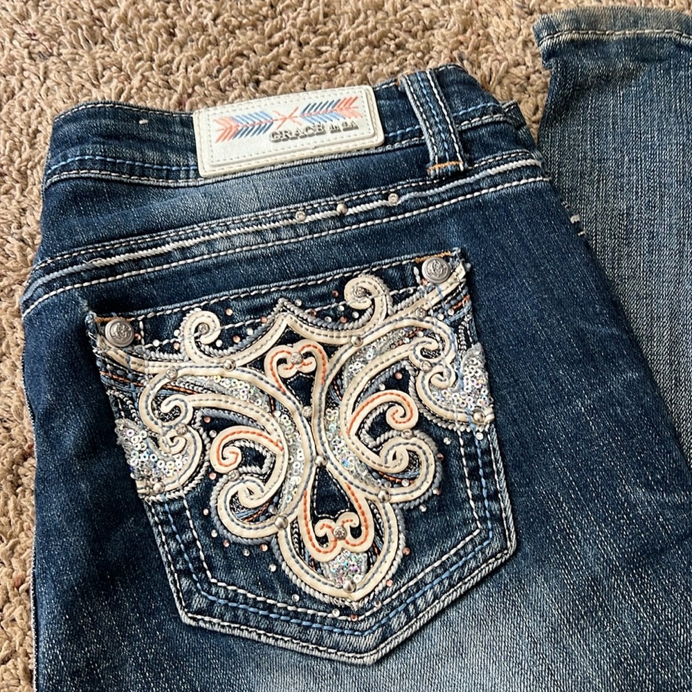 Grace in LA Blue Boot Cut Jeans with Intricate Embroidery